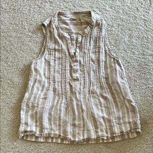 Faherty Tan and Cream Sleeveless Blouse with Mandarin Collar